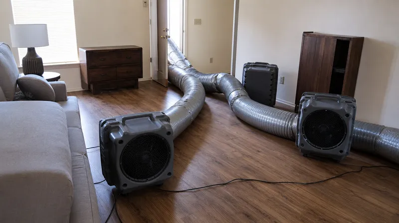 Whole-room bed bug heat treatment: industrial heaters, air movers and insulated ducts inside an apartment living room
