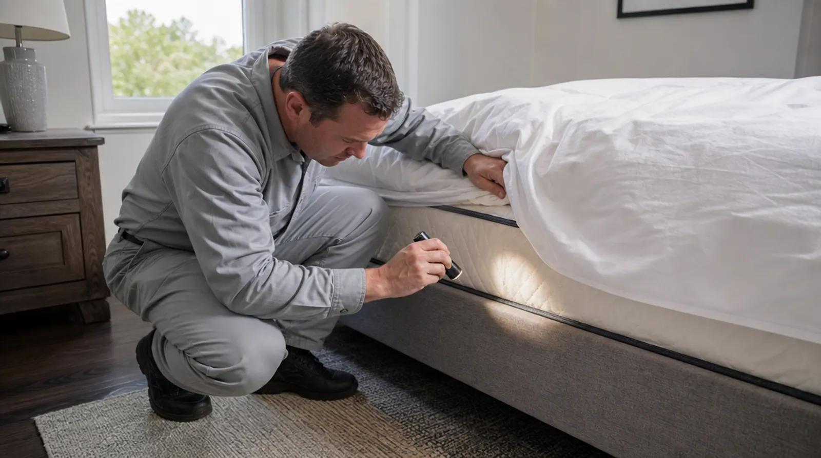 Pest control technician inspecting mattress seams with a flashlight during a bed bug inspection