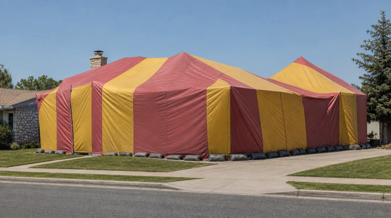Suburban house fully covered by a striped structural fumigation tent
