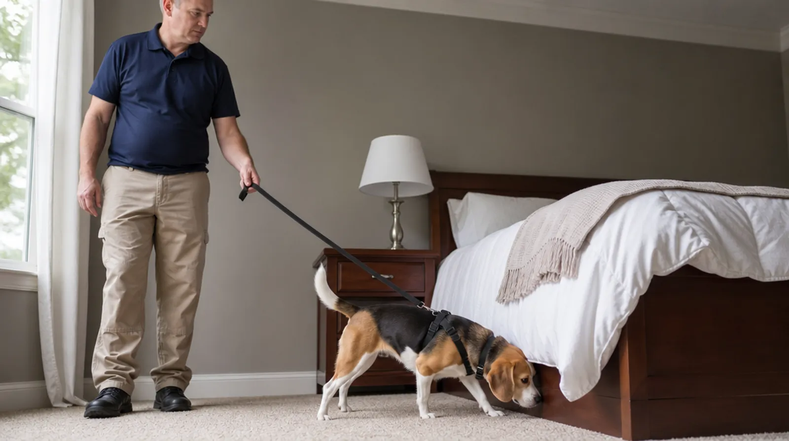 Trained bed bug detection dog sniffing along the baseboard of a bed, handler holding the leash